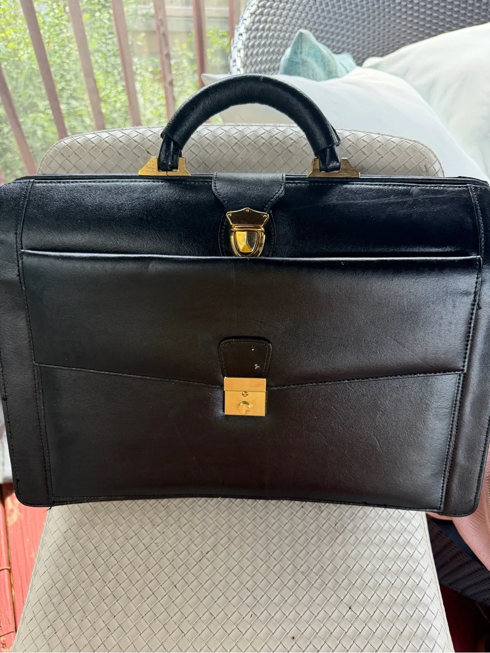 Men's Black Leather Briefcase with Gold Hardware - Classic Professional Style